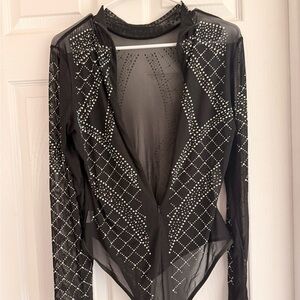 Black Sheer Rhinestone Bodysuit